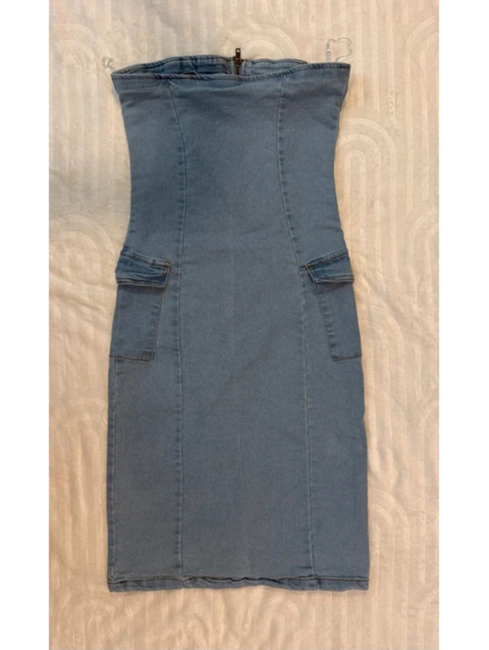 Vestido Denim Straples Sin Tirantes con Bolsillos Cargo Talla M